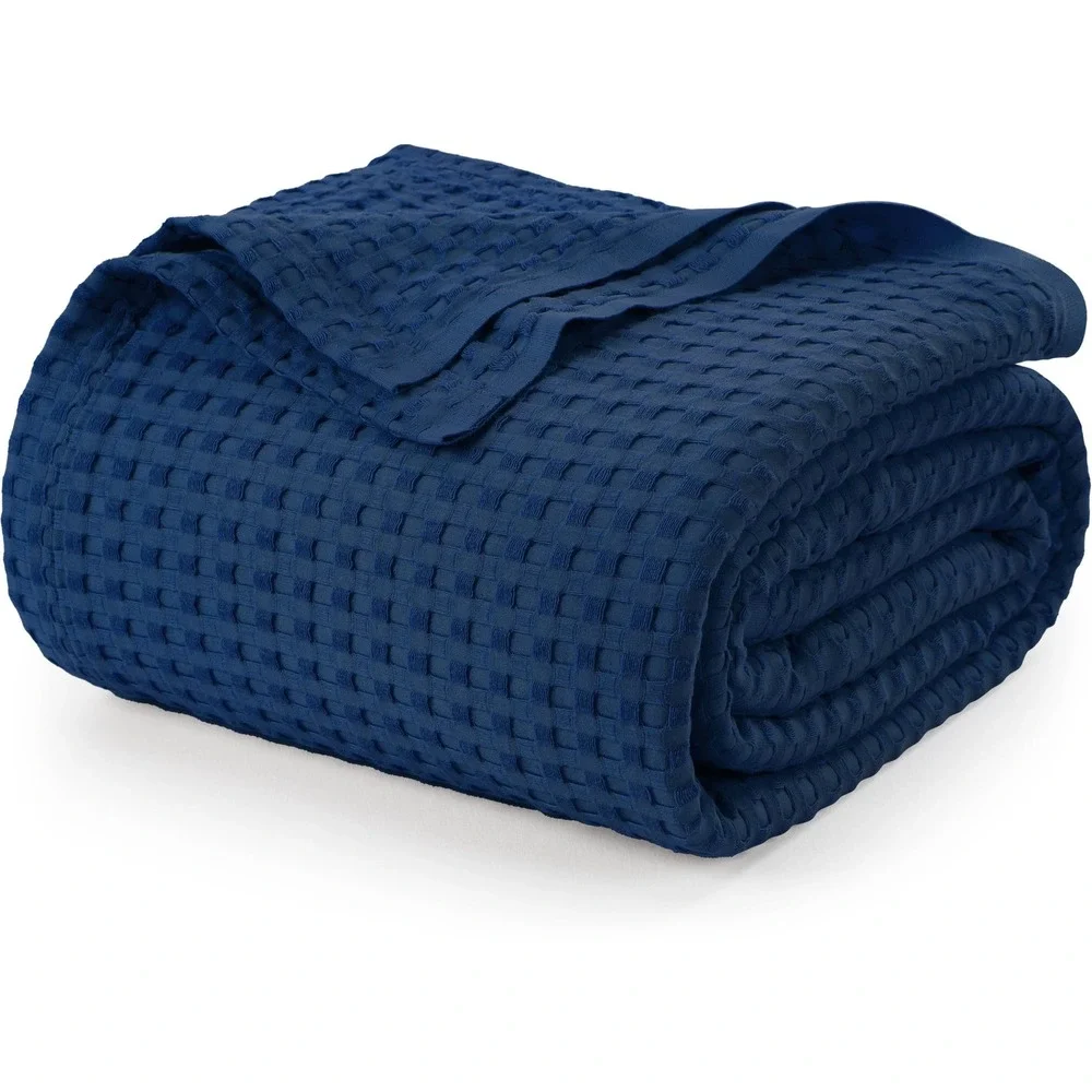 Utopia Waffle Blanket Queen Navy Blue 100% Cotton Textured Bedding New